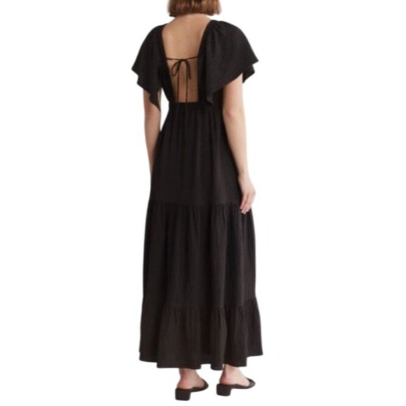 NEW Mila Mae Flutter Sleeve‎ Tiered Maxi Dress in Black, Size M, Open Tie Back - Picture 2 of 13